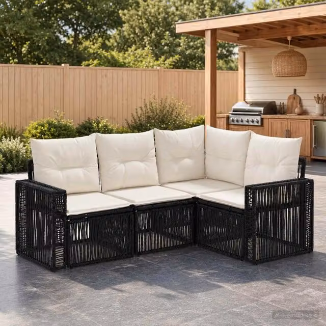 Set Divano da Giardino 4 pz 4-Posti Nero e Bianco Crema 3435115
