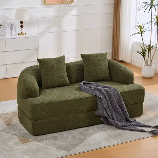 Divano letto pieghevole 2 posti in chenille verde; 157x84x65 cm