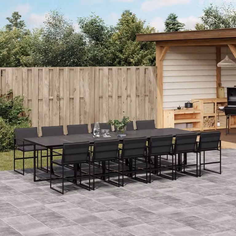Set da pranzo da giardino vidaXL in acciaio nero e vetro con 13 pezzi e cuscini grigi