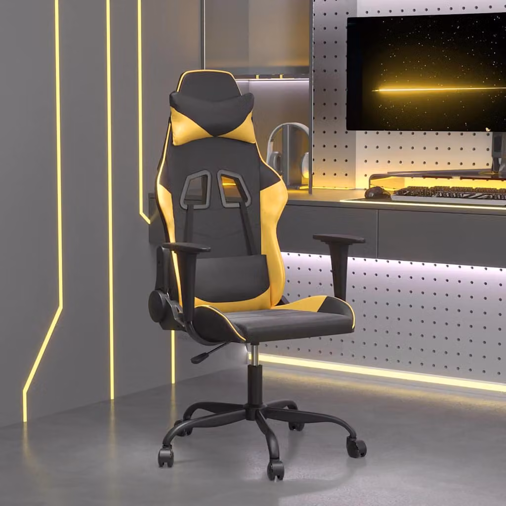 Sedia da Gaming vidaXL Nera e Oro in Similpelle con Poggiatesta e Ruote, Girevole a 360 Gradi