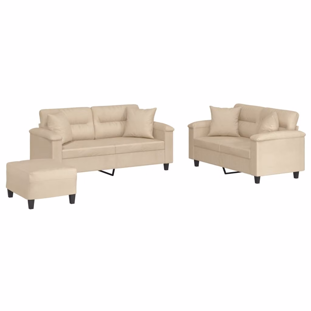set divano 3 pezzi con cuscini in tessuto microfibra crema