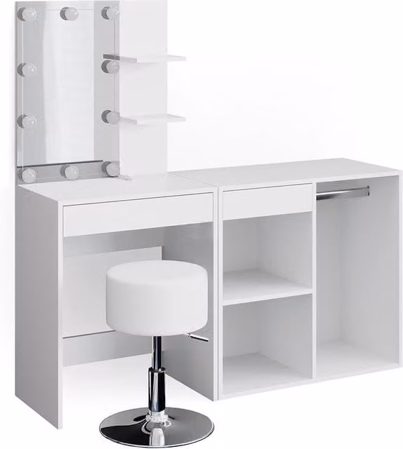 Tavolo da toeletta Isabelle Bianco 140 cm con specchio, catena luminosa LED, sgabello e mobile aggiuntivo Vicco