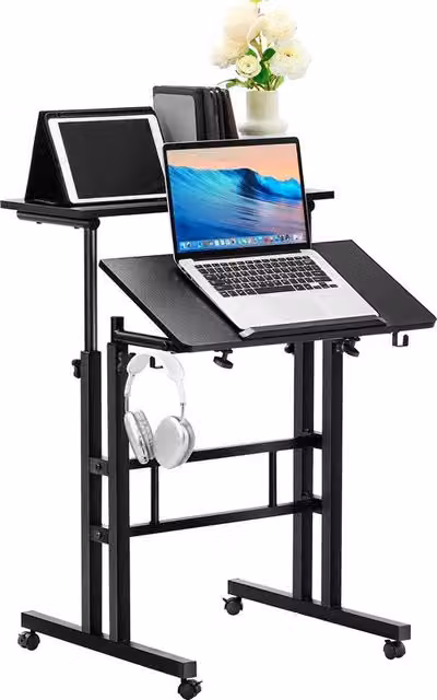 Scrivania per computer Vevor nera con piano inclinabile e regolabile in altezza, dotata di ruote e base in metallo per ufficio o casa