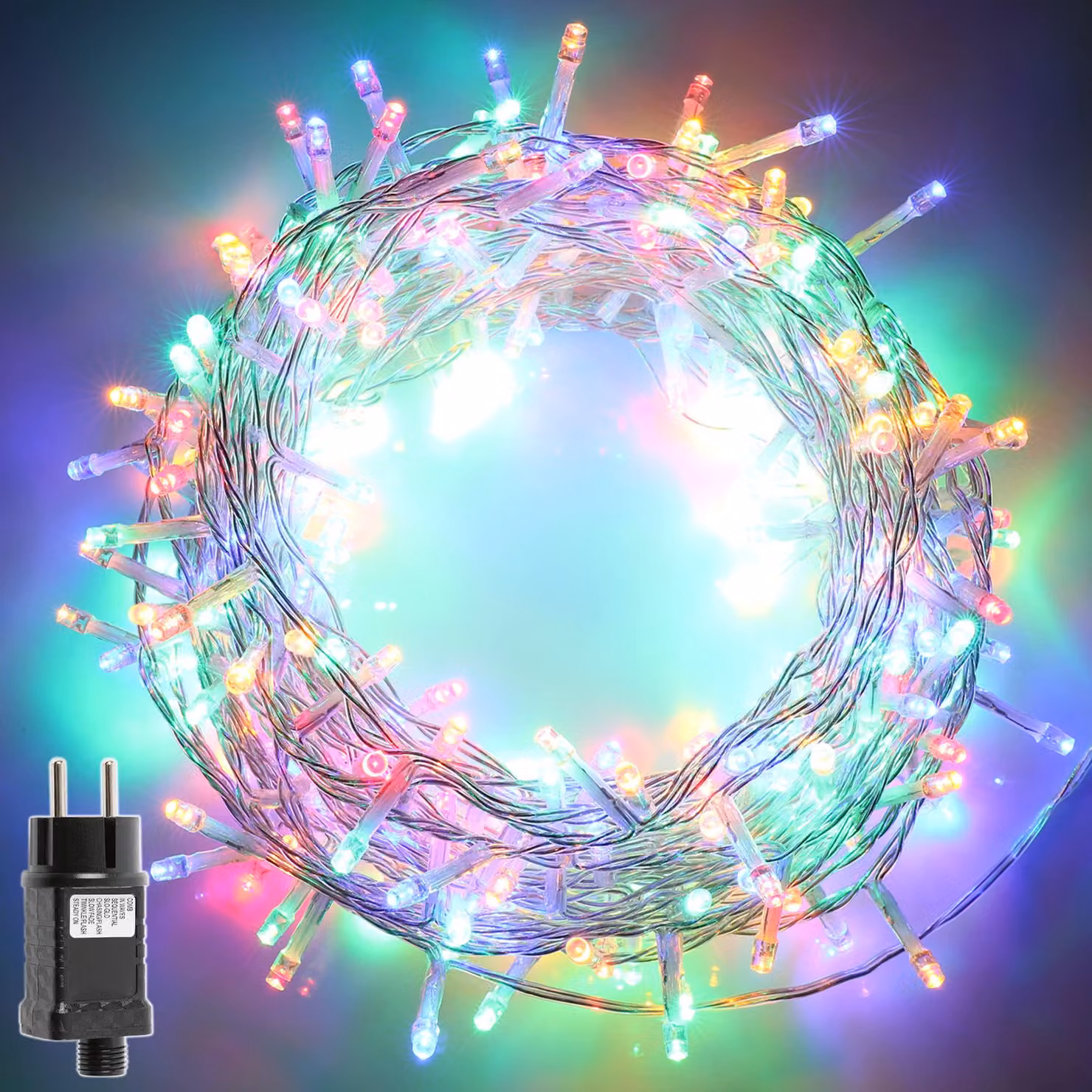 Catena luminosa a LED, lunghezza 7 metri, 140 LED, multicolore, grado di protezione IP44, 8 modalità, con spina