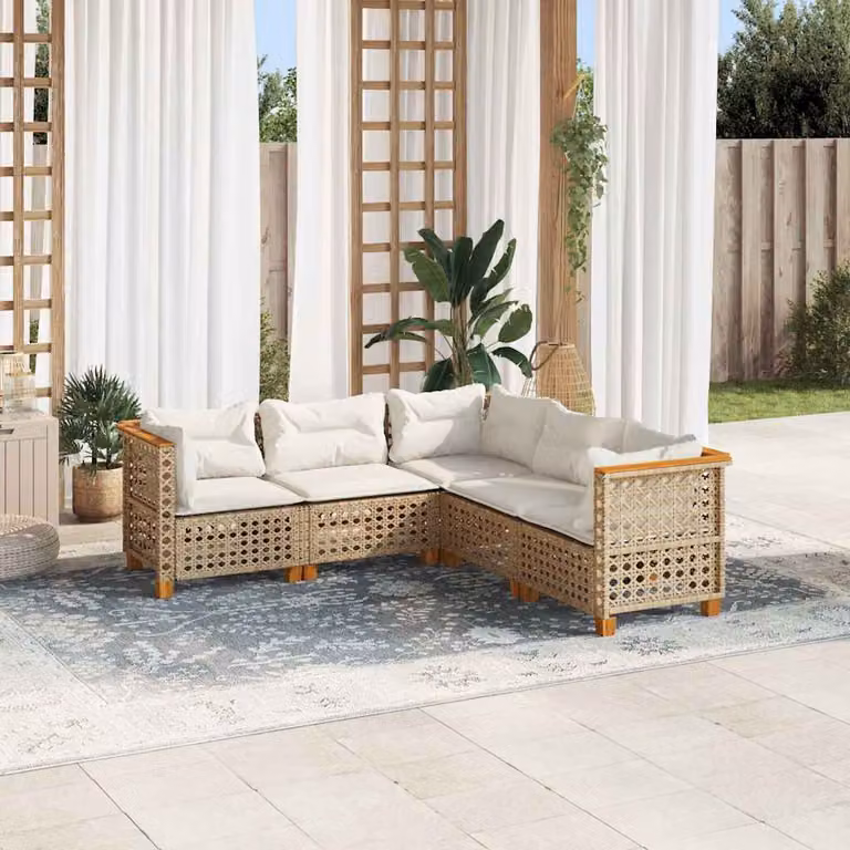 vidaXL Set Divano da Giardino a L in Polyrattan con Cuscini Beige e Struttura in Legno di Acacia