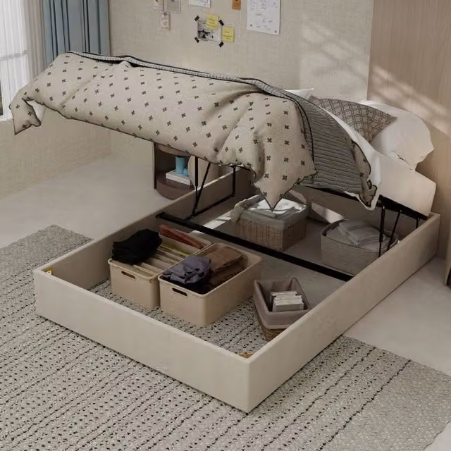 Letto imbottito 140x200 - Xylo - Beige velluto olandese telaio sollevabile