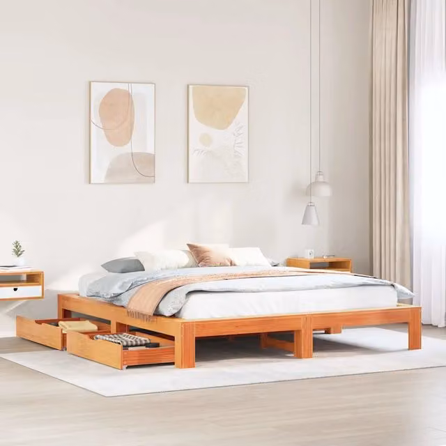 Giroletto senza Materasso-Struttura Letto Marrone Cera 200x200 cm Legno di Pino 116629