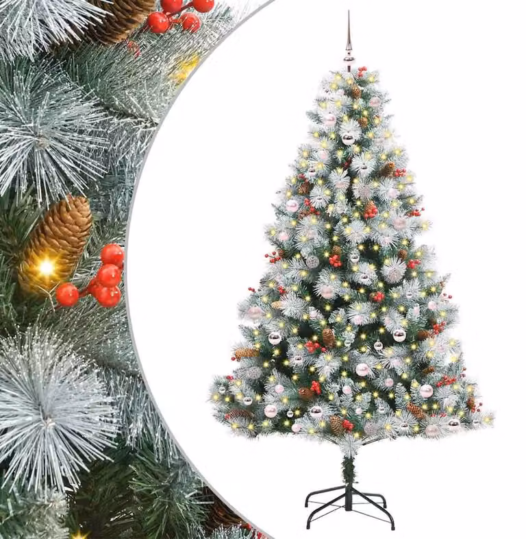 Albero di Natale artificiale, verde e bianco, 240 cm, realizzato in PVC, metallo e plastica