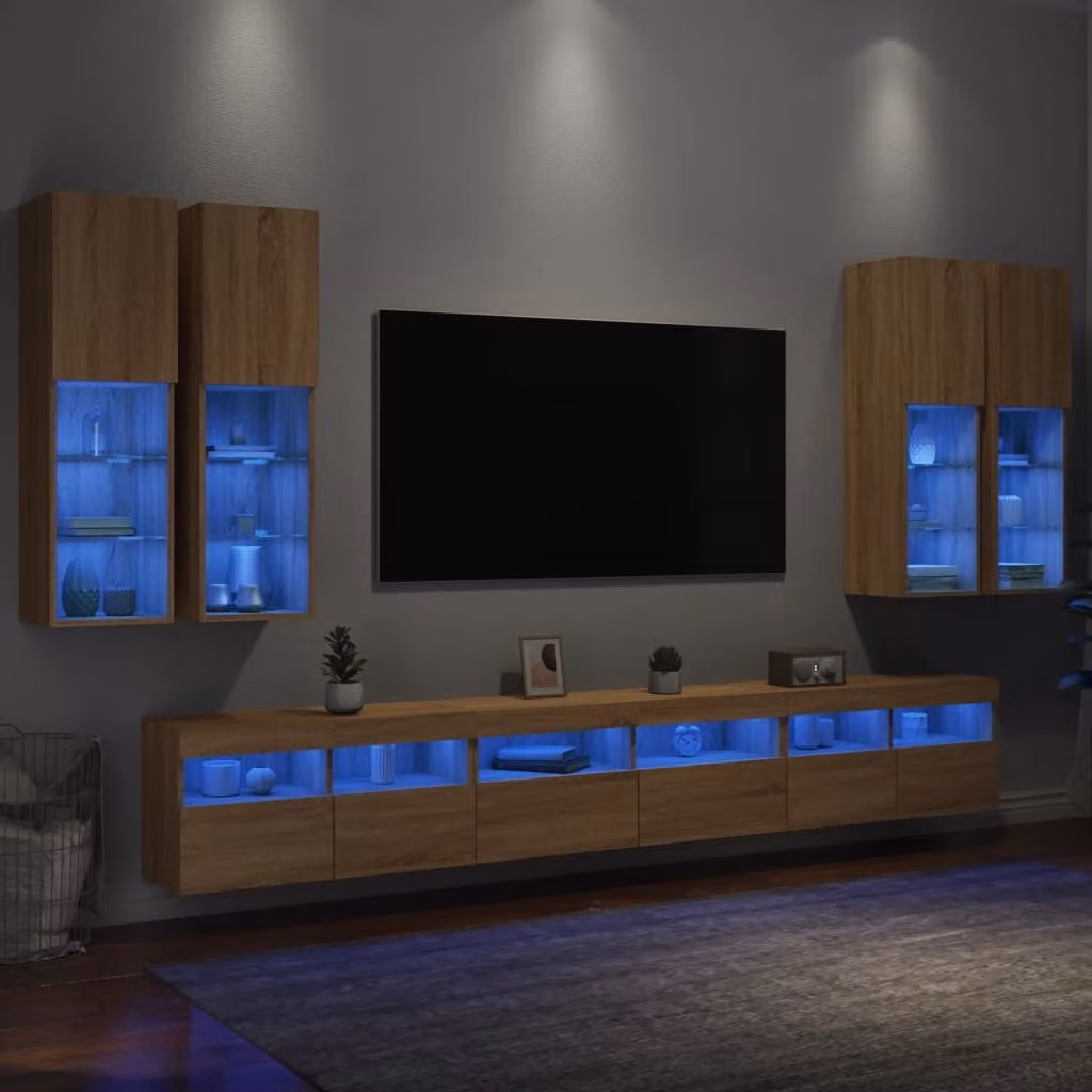 Set di mobili TV da parete vidaXL in 7 pezzi con luci LED, design moderno in rovere sonoma e finitura opaca, colore marrone