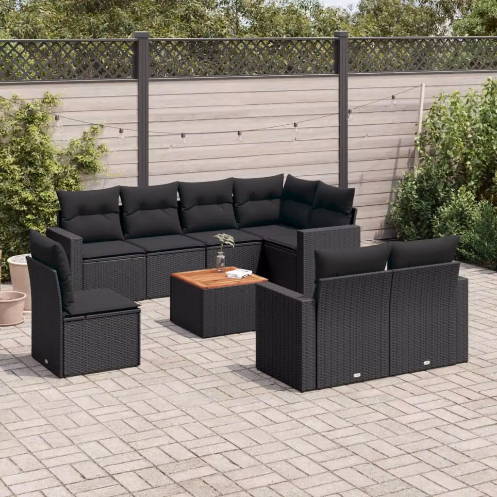 vidaXL Set Divani da Giardino a L 9 pz in Polyrattan Nero con Cuscini e Tavolino – 1