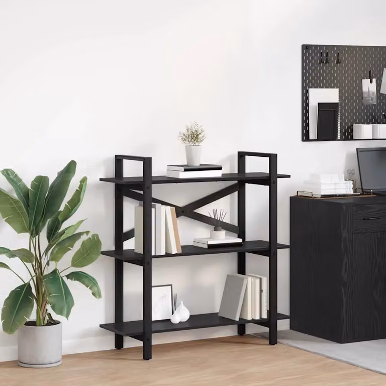 Libreria a 3 livelli vidaXL in stile industrial con struttura in metallo e legno ingegnerizzato, colore nero, L 100 cm x P 33,5 cm x H 102 cm