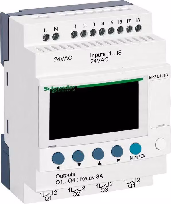 Relè di controllo PLC Schneider Electric, Zelio Logic, design compatto, 10 I/O, 24 VDC, display, orologio, uscite a relè SR2B121B