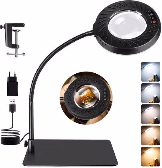 Lente d'ingrandimento LED Unyqoos® 12x con illuminazione regolabile, base e morsetto – 5 temperature di colore, 9 livelli di luminosità, senza sfarfallio, ideale per lavori di precisione