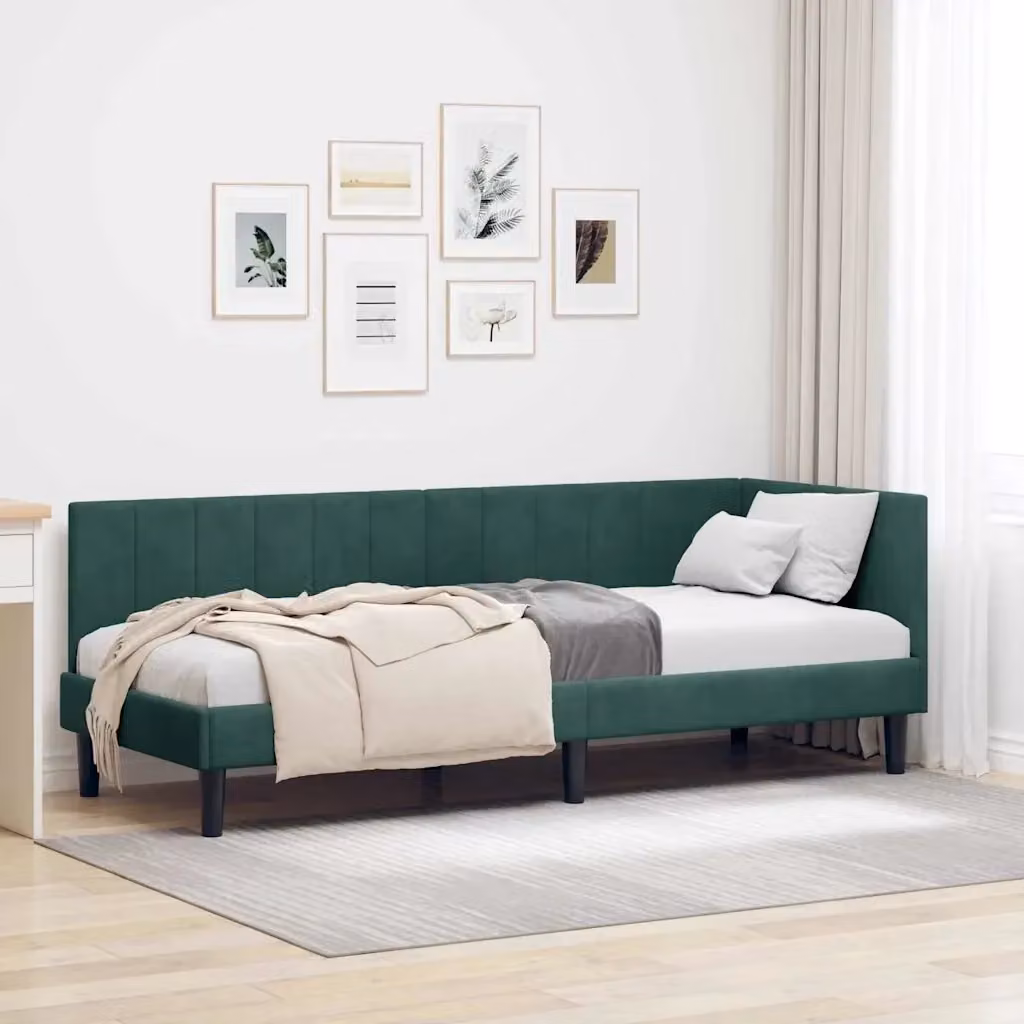 Letto singolo moderno in velluto verde scuro con struttura in legno, L 80 cm x P 200 cm x H 40 cm – 2