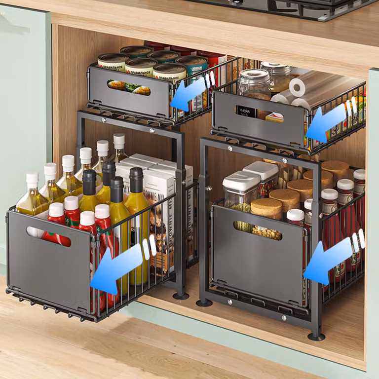 Set da 2 ripiani estraibili in metallo per l'organizzazione di cucina e bagno