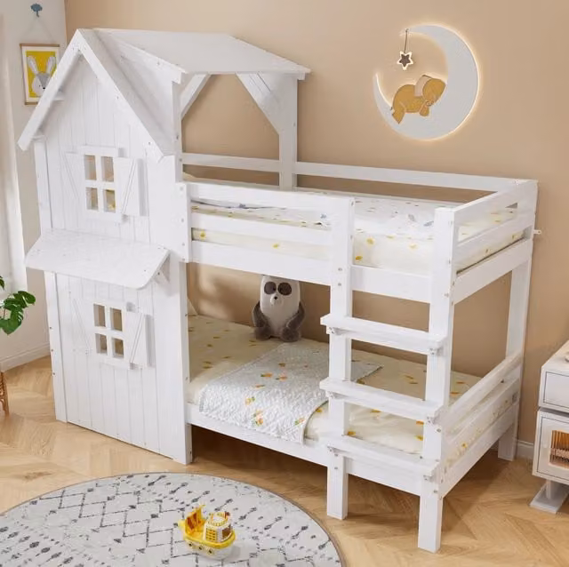 Letto a castello 90x200 cm bianco in legno di pino e MDF, scala a 3 gradini, senza materasso
