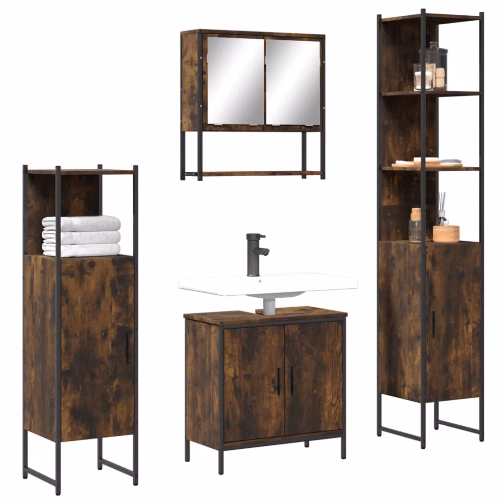 Set di mobili da bagno vidaXL 4 pezzi in legno e metallo colore rovere fumo con armadietto specchio, mobile lavabo, mobile laterale e colonna alta