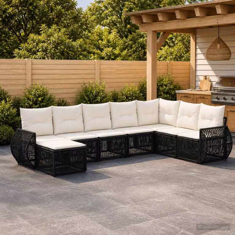 Set Divano da Giardino vidaXL 8 pz a Forma a U in Polyrattan con Cuscini, Nero e Bianco Crema