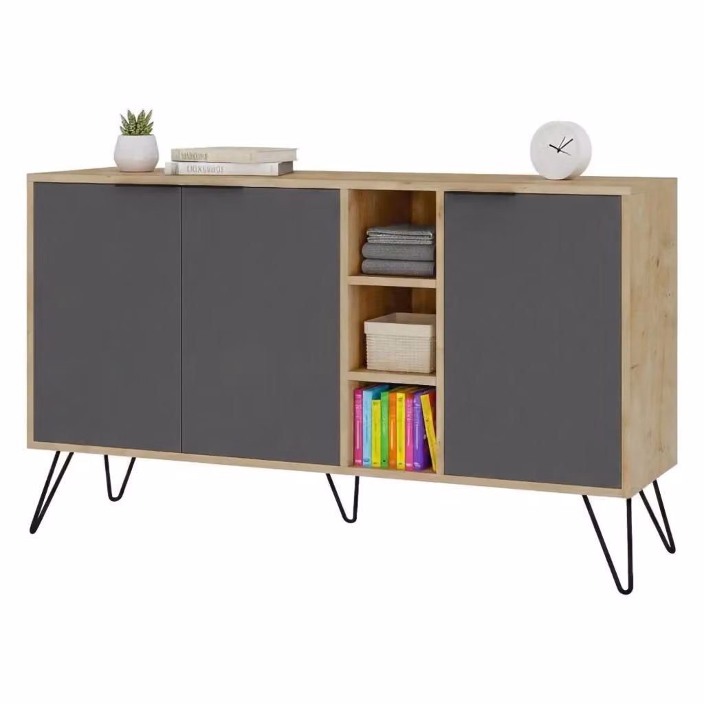 Credenza Alin DMORA, Buffet e Madia da Soggiorno o Cucina, Quercia e Antracite, L: 142 cm, P: 35,6 cm, H: 83 cm – 2