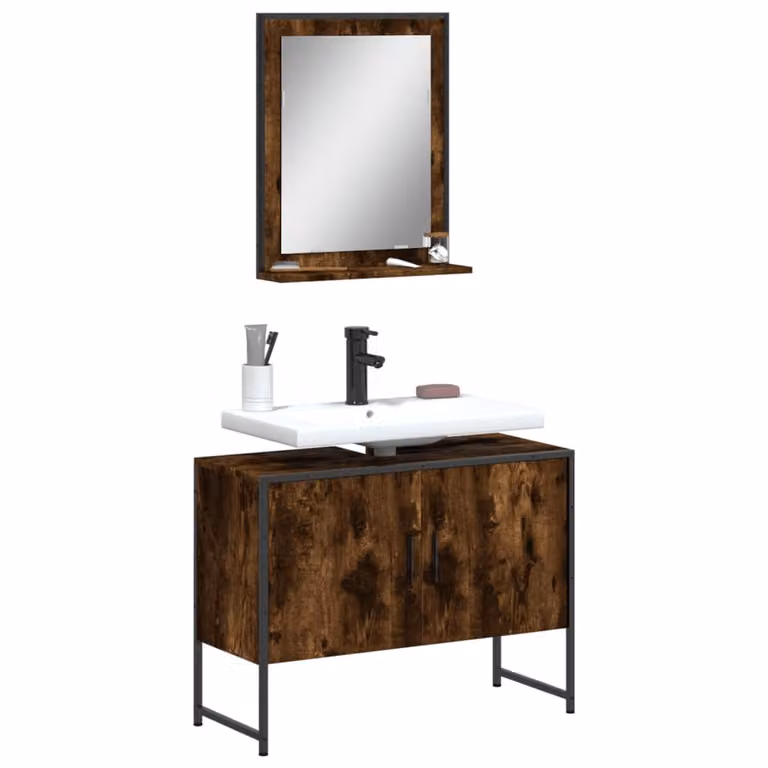 Set Mobili da Bagno Moderno vidaXL in Legno e Metallo Marrone con Mobile Lavabo e Armadietto Specchio a Parete
