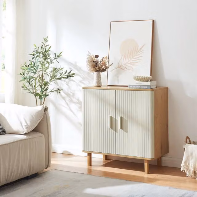 Credenza Ferrersp en.casa Mobile Contenitore a 2 Ante Effetto Rovere Avena Beige L 80 x P 40 x H 80 cm