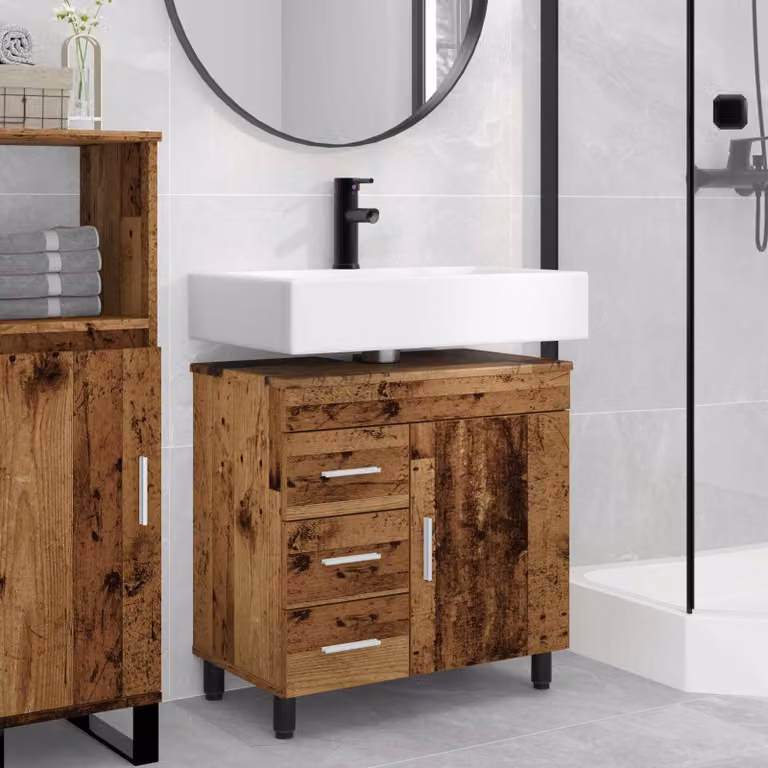 Mobiletto da bagno moderno vidaXL in legno e metallo marrone con ante a battente e ripiani interni L: 60 cm, P: 35 cm, H: 60 cm