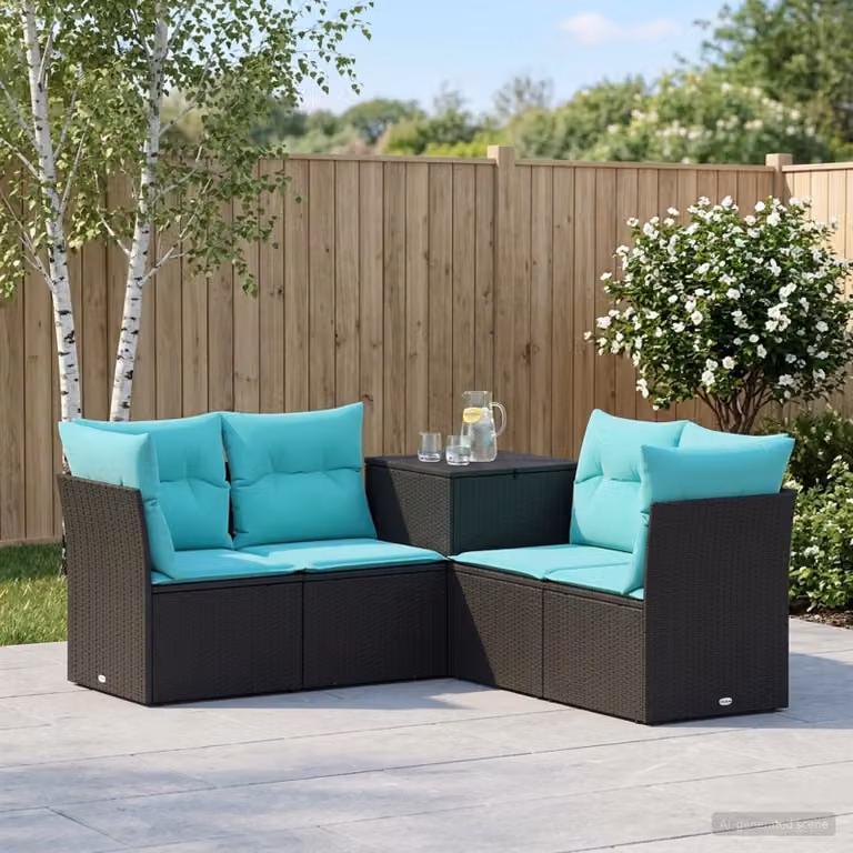 Set di divani da giardino a L vidaXL in polyrattan e metallo con cuscini inclusi, colori nero, blu e turchese