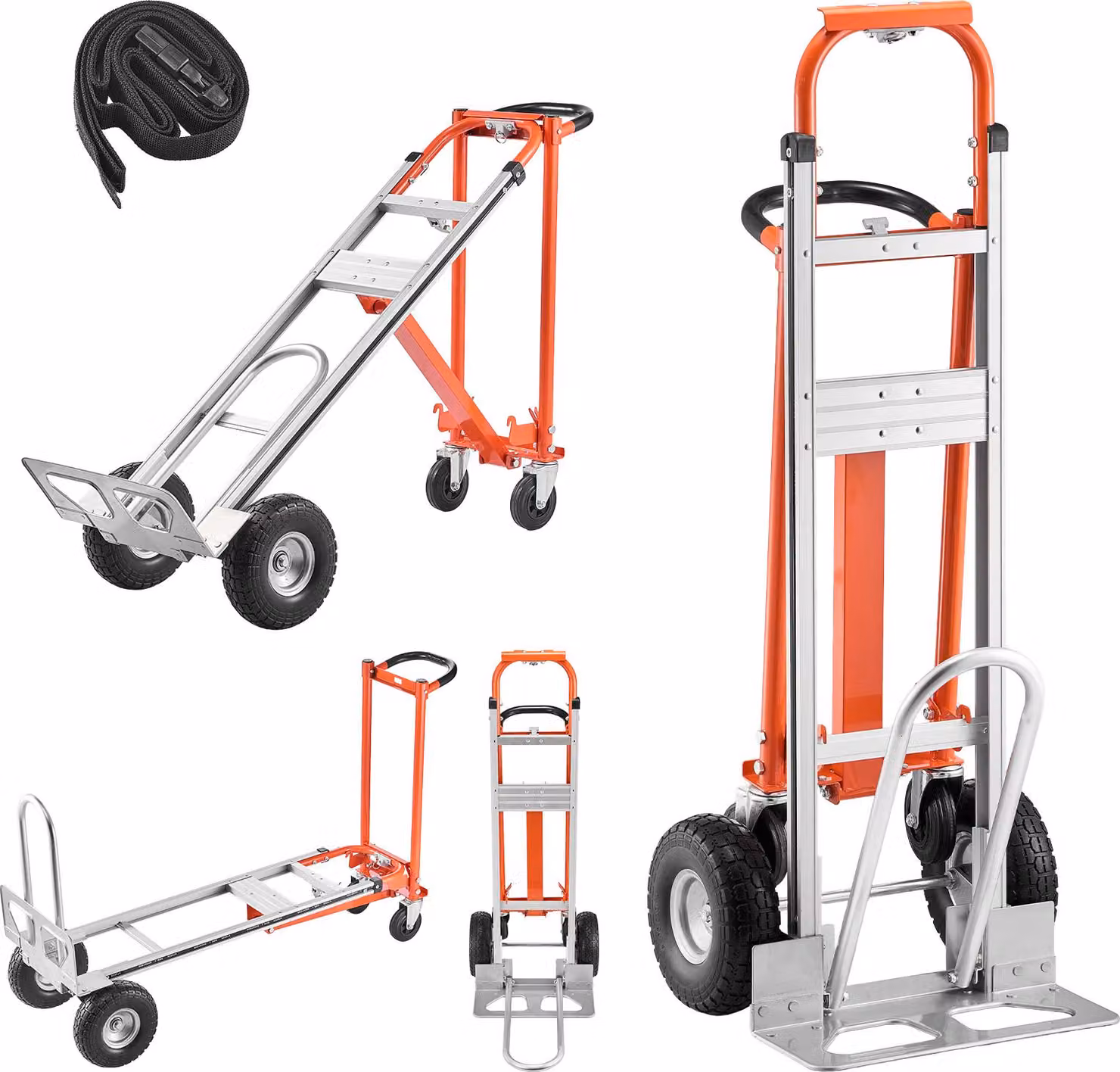 Carrello a mano SucceBuy 4 in 1, portata 453,6 kg in modalità a 4 ruote, carrello di trasporto versatile con maniglia antiscivolo e ruote robuste, carrello a mano in lega di alluminio, ideale per traslochi, uffici e magazzini