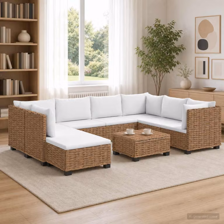 Set Lounge da Giardino vidaXL GENDT in Polyrattan con Cuscini, 9 Pezzi, Colore Naturale