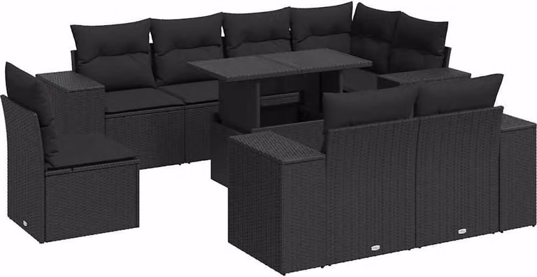 Set Divani da Giardino 9 pz con Cuscini Nero in Polyrattan