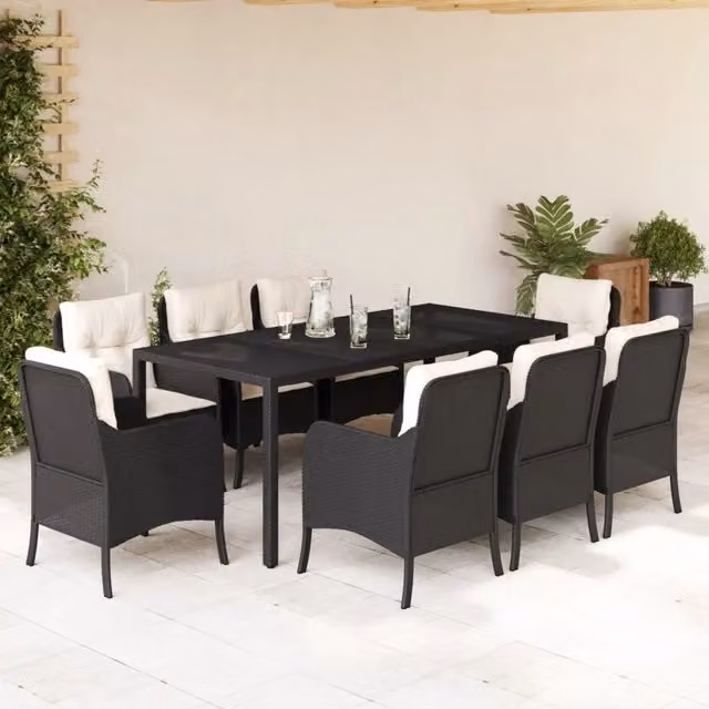 Set da pranzo da giardino vidaXL in polyrattan nero e bianco con tavolo in vetro e 9 pezzi
