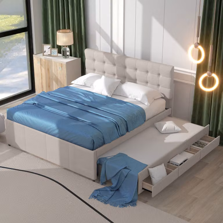 Letto imbottito Merax 140x200cm con testata regolabile in altezza, 3 cassetti con sottopiano 90x190cm, letto matrimoniale contenitore di biancheria, beige