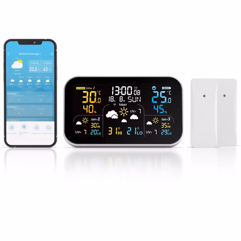 Stazione meteorologica WLAN Brandson con 2 sensori esterni, stazione meteorologica wireless compatibile con l'app Tuya Smart Life, previsioni del tempo per 3 giorni, schermo a colori, display confortevole, sveglia, 3 sveglie, colore nero