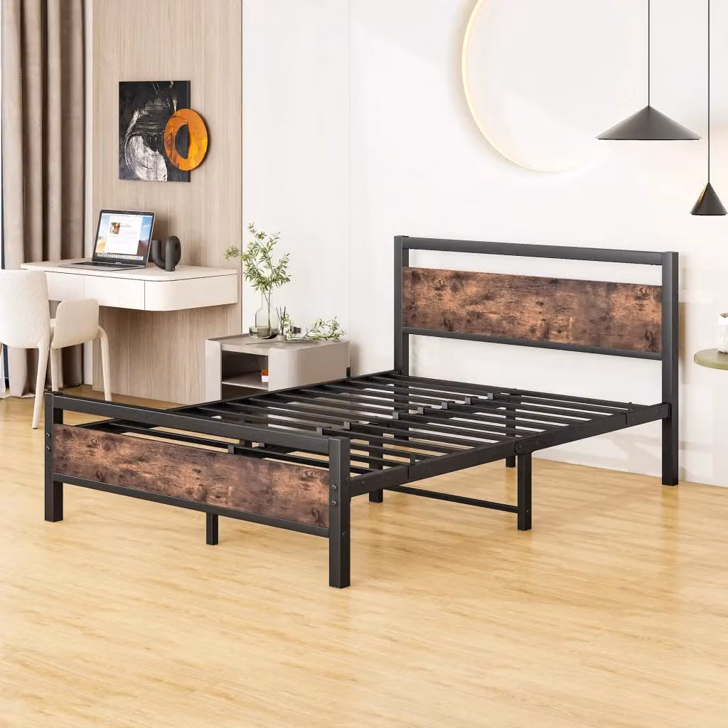 Letto per adulti OKWISH in MDF e metallo marrone antico con rete e spazio sottoletto, L/P/H: 140 x 190 x 90 cm – 2