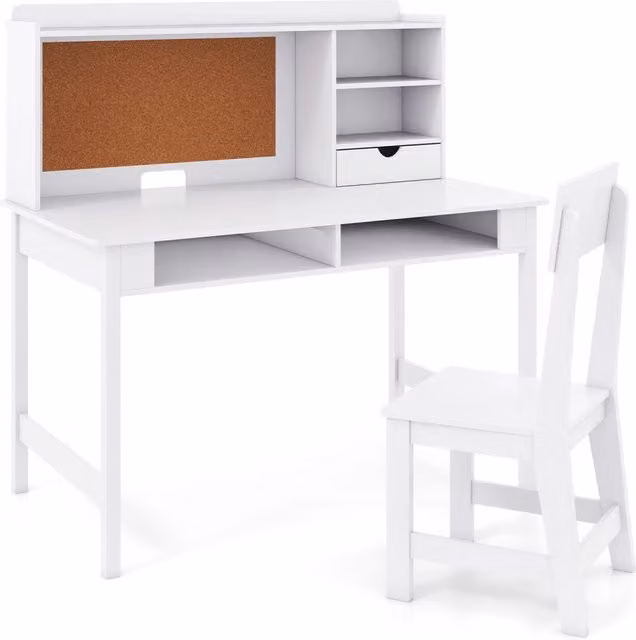Set scrivania e sedia in legno per bambini con bacheca in sughero e cassetto, Set postazione computer con pensile e ripiani aperti per cameretta e scuola a casa Bianco