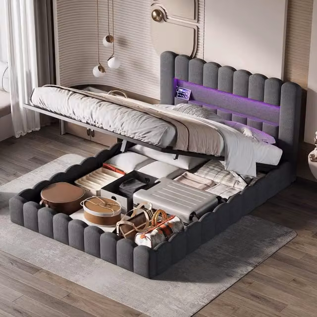 Letto Matrimoniale 140x200cm con Contenitore,porte USB e di tipo C,lino grigio,rete a doghe,meccanismo di sollevamento idraulico,Letto da con LED