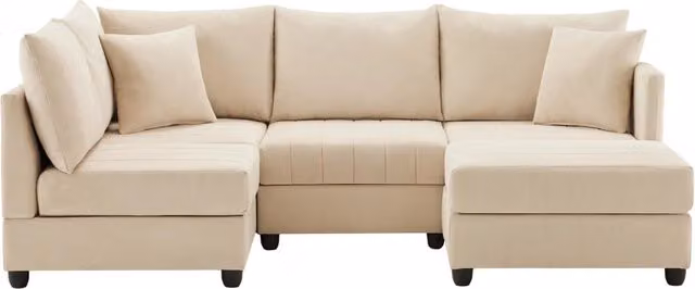 Divano angolare modulare 5 posti con pouf trasformabile, tessuto effetto lino, 220x194x85 cm, struttura in legno