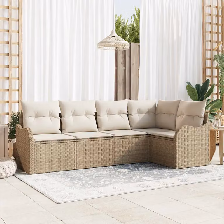 Set Divano da Giardino a L vidaXL 5 pz Beige con Cuscini e Struttura in Metallo
