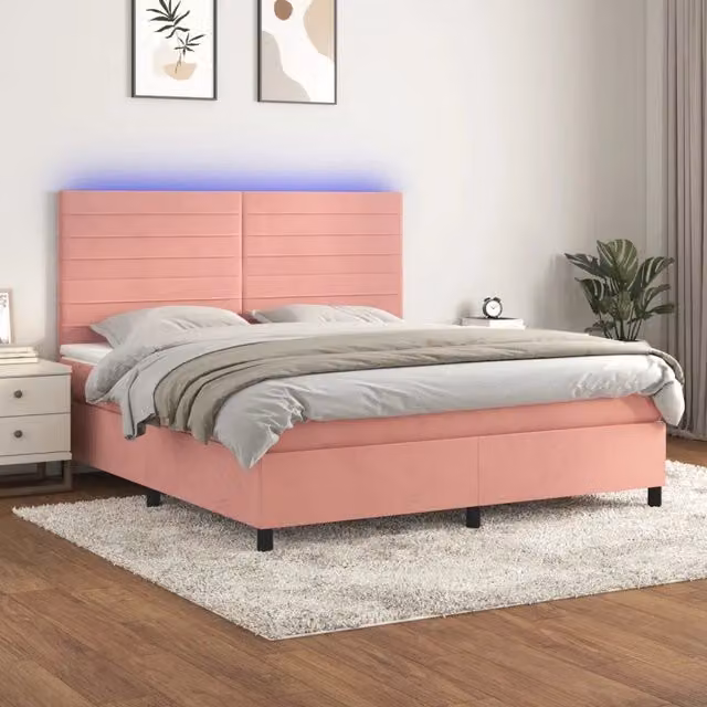 Letto matrimoniale con materasso ibrido vidaXL in velluto rosa e bianco con illuminazione LED e porta USB L/P/H: 160 x 200 x 203 cm