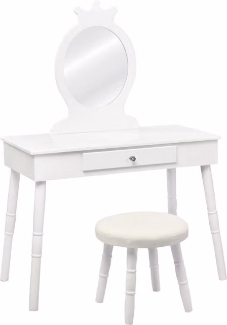 Toeletta per bambini con specchio e sgabello, set mobile bianco moderno in legno e MDF con cassetti per camera da letto