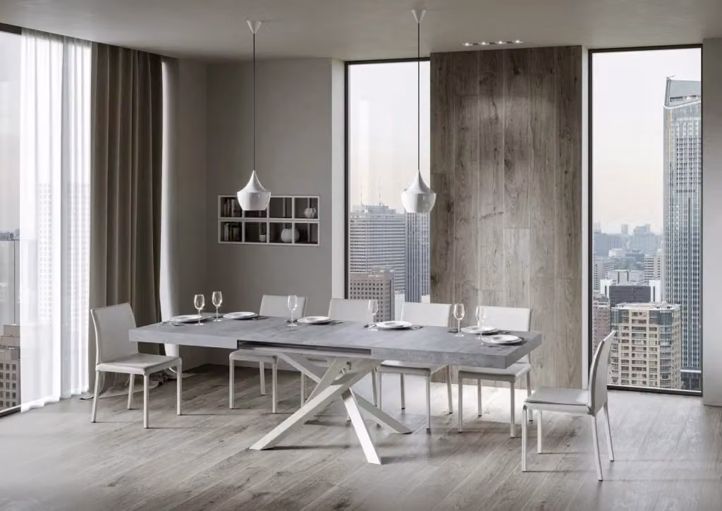 Tavolo allungabile moderno Bs Com con piano effetto cemento e telaio bianco L: 90 cm, P: 200-304 cm – 2