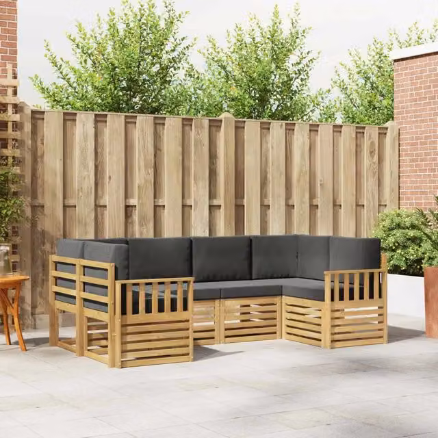 Set di divani da esterno a L vidaXL in legno di acacia con cuscini bianchi e antracite – 1