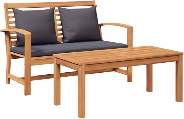 Panchina da giardino in legno di teak con cuscini marrone e grigio L: 110 cm, P: 66 cm, H: 76 cm – 1