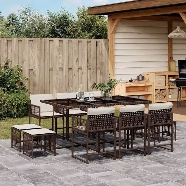 Set da pranzo da giardino moderno vidaXL in polyrattan marrone con 11 pezzi e cuscini