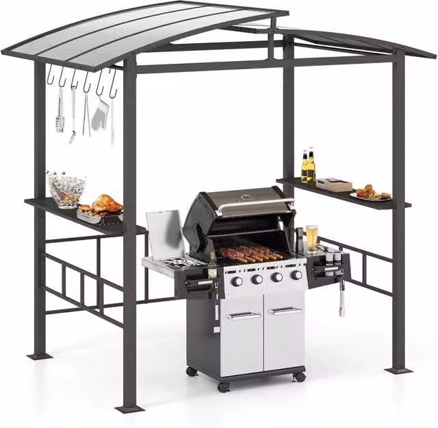 Gazebo Barbecue COSTWAY Nero con Struttura in Metallo e Tetto in Policarbonato Ventilato, L/P/H: 248 x 150 x 232 cm – 1