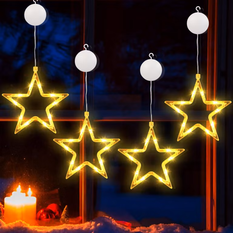 Set di 4 luci a LED per finestre a forma di stella, alimentate a batteria, luce bianco caldo