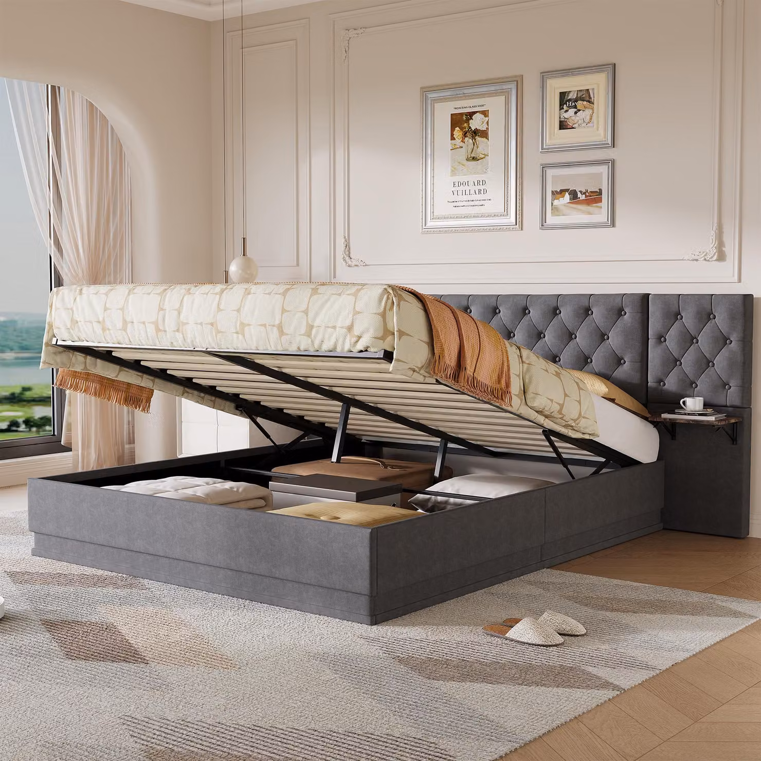 Letto imbottito ProximaX, dimensioni 160x200 cm, grigio, con spazio contenitore, illuminazione LED e funzione di ricarica USB-C