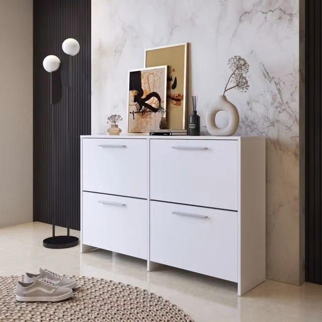 Scarpiera Moruzzo DMORA con scomparti basculanti e ripiani interni, colore bianco, L: 120 cm, P: 28 cm, H: 79 cm – 1