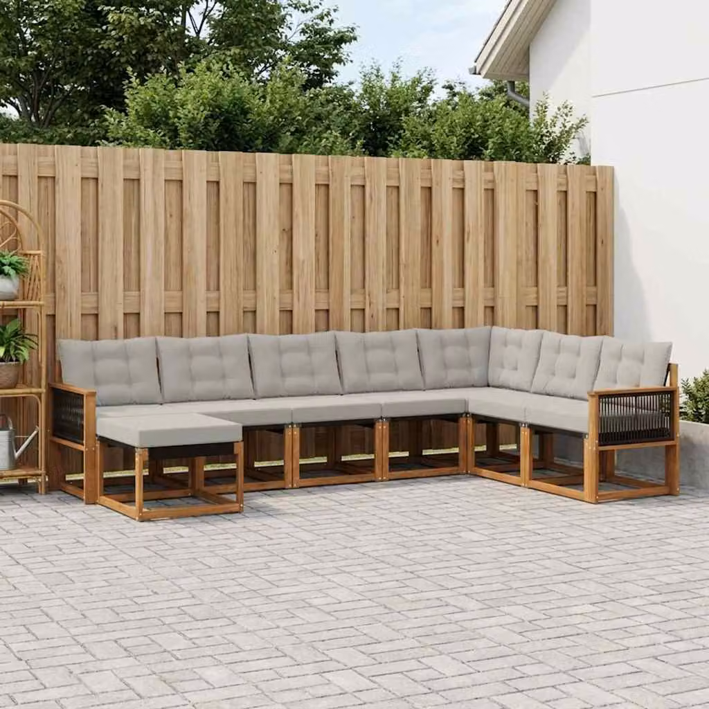vidaXL Set di divani da esterno 8 pz a forma di L in legno di acacia con cuscini beige e grigio chiaro