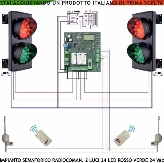 Impianto Semaforico Orientabile 180 Gradi Securvera con 24 Led Rossi e 24 Led Verdi, Lente Ø 124 mm, Alimentazione 24 Vac, Grado di Protezione IP65, Colore Nero – 1